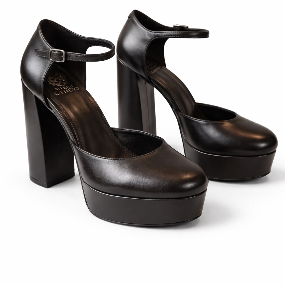 Vince Camuto Grelena Platform Block Heel Pumps Black Leather Ankle Strap Size 11